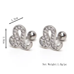 Boucles d'oreilles signe du Lion en argent avec cristaux de zircone, 1,3 cm x 1,0 cm
