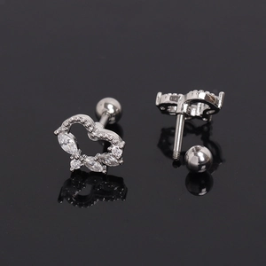 Silver stainless steel heart stud earrings with cubic zirconia and screw back closure
