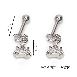 Polished stainless steel crown stud earrings with sparkling crystals for cartilage piercing