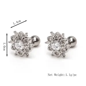 Floral stainless steel stud earrings with zircon center and screw back design