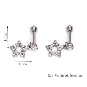 Star-shaped stainless steel stud earrings with zircon inlay and ball back closure