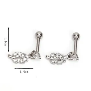 Leaf shaped stainless steel stud earrings with white zircon stones and size dimensions
