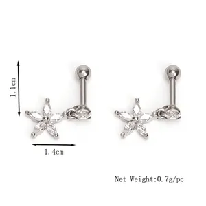 Flower shaped stainless steel cartilage earring with zircon stones and screw back