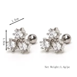 Three-cluster zircon flower earring in stainless steel with screw ball back 1.5cm x 1.0cm
