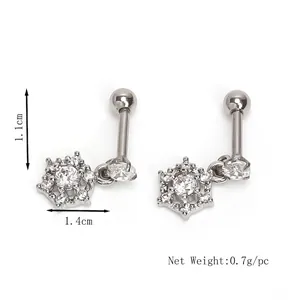 Snowflake stainless steel stud earrings with clear zircons and barbell screw back
