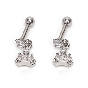 Polished stainless steel crown stud earrings with sparkling cubic zirconia crystals