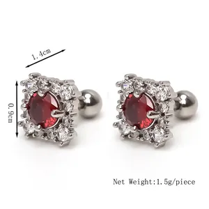 Elegant stainless steel square studs with a red ruby center and white zircon halo