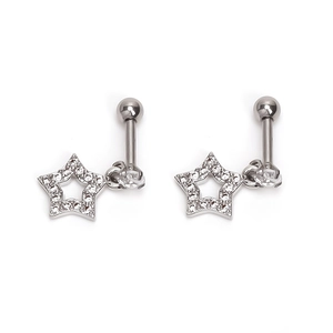 Pair of silver star stud earrings with zirconia crystals and ball screw back closure