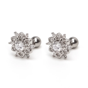 Silver flower stud earrings with sparkling cubic zirconia and secure screw back closure