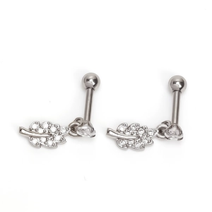 Polished stainless steel leaf stud earrings with sparkling cubic zirconia on white background