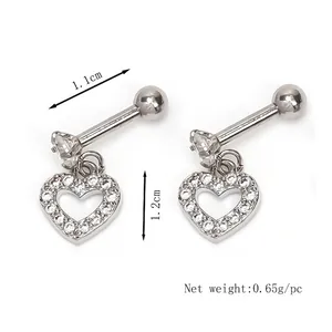 Polished stainless steel heart cartilage studs with white cubic zirconia inlay