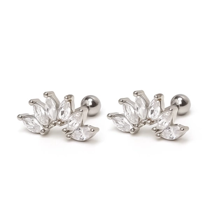 Polished silver crown stud earrings with marquise-cut zircons and screw-back closure
