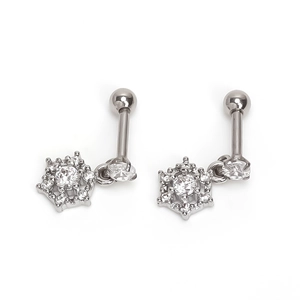 Silver snowflake stud earrings with cubic zirconia stones and barbell screw back design