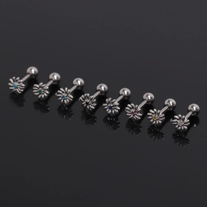 Stainless Steel Daisy Flower Stud Earrings With Colorful Rhinestones Small Fresh Floral Barbell Screw Back Jewelry For Women