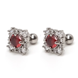 Elegant square stud earrings with red ruby center and sparkling diamonds in silver steel
