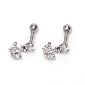Pair of stainless steel marquise zircon stud earrings with screw ball backs on white background