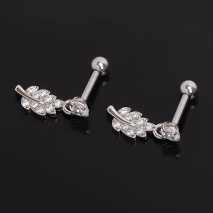 Stainless Steel Leaf Stud Earrings For Women Men Silver Color Rhinestone Helix Piercing Jewelry Plant Leaf Earring Gift