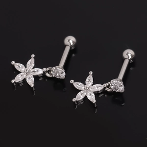 Stainless Steel Flower Screw Back Stud Earrings With Rhinestone Inlaid Silver Tone Cartilage Piercing Jewelry For Unisex