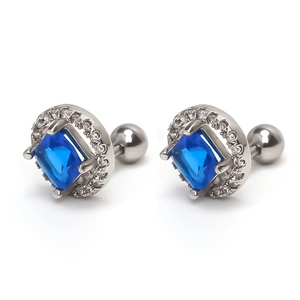 Orecchini a perno in acciaio inox con cristallo blu quadrato e pavé di zirconi