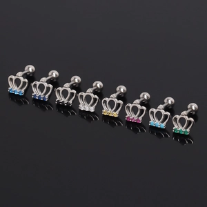 Crown Stainless Steel Stud Earrings Rhinestone Inlaid Individual Cartilage Screw Back Ear Piercing Jewelry For Men Women