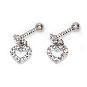 Silver heart earrings with white zircons and ball screw backs on white background