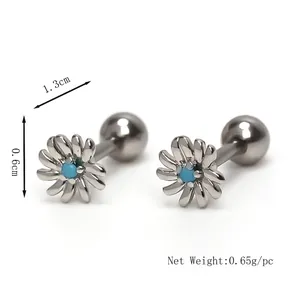 Daisy flower earrings with blue crystal inlay in polished stainless steel for women