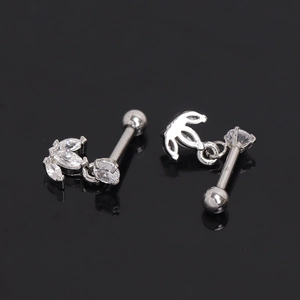 Polished stainless steel stud earrings with marquise-cut clear cubic zirconia crystals