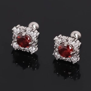 Vintage Stainless Steel Square Stud Earrings With Red Round Rhinestone Pave Decor Geometric Jewelry For Women Men Gift
