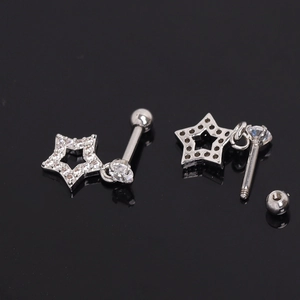 Stainless steel star ear piercing with zircon stones and ball screw back closure