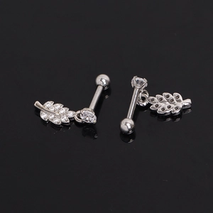 Silver leaf cartilage earrings in stainless steel with sparkling cubic zirconia accents