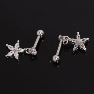 Silver flower stud earrings with marquise-cut zircons and screw back for cartilage piercing