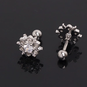 Floral stainless steel screw back earrings with sparkling zircon gemstones for women