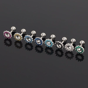 Boucles d'Oreilles Clous Barbell en Acier Inoxydable Motif Floral Incrusté de Strass Colorés Fermoir à Vis pour Bijoux Unisexe