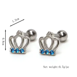 Pair of stainless steel crown earrings with blue cubic zirconia and screw back closures