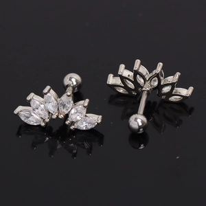 Elegant silver crown flower cartilage studs with marquise cut sparkling crystals
