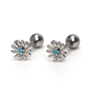 Stainless steel daisy stud earrings with blue crystal center and screw back design