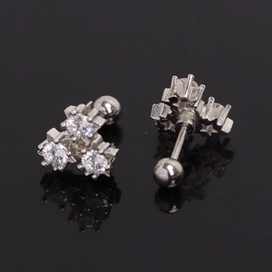 Silver flower stud earrings with three round zircons and secure screw ball backs