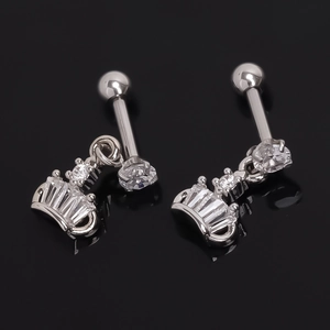 Stainless Steel Crown Pendant Stud Earrings For Men Women Unisex Rhinestone Electroplated Fashion Body Piercing Jewelry Silver