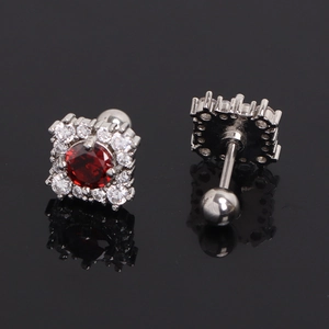 Elegant stainless steel square halo stud earrings featuring a round ruby center and barbell back