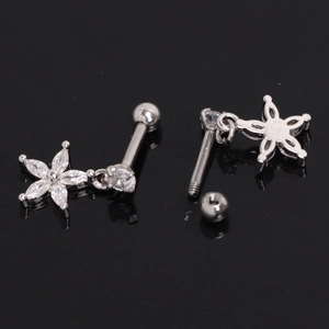 Floral stainless steel cartilage stud earrings with cubic zirconia petals and screw ball backs