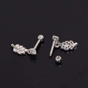 Leaf pendant piercing stud earrings with white zircon in polished stainless steel