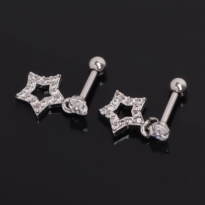 Stainless Steel Star Pendant Stud Earrings Rhinestone Inlaid Pentagram Cartilage Piercing Jewelry For Unisex Silver Color