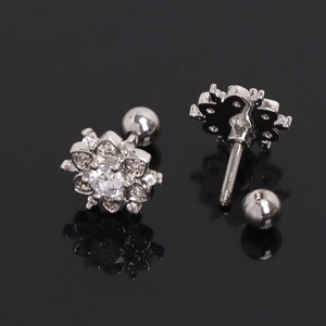 Floral stainless steel stud earrings with zircon crystals and screw ball back closure