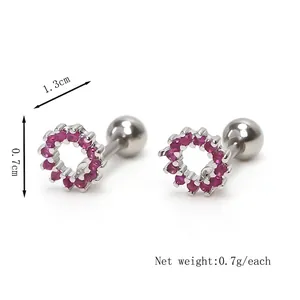 Clous de cartilage en argent avec fleurs en zircon rose et fermoir à vis
