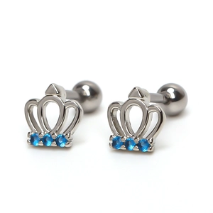 Crown-shaped stainless steel stud earrings with blue cubic zirconia and screw back
