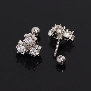 Three-stone zircon flower earrings in stainless steel with secure screw ball back closure