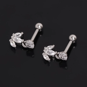 Stainless Steel Leaf Flower Stud Earrings Clear Rhinestone Ball Back Ear Bone Nail Silver Piercing Jewelry For Women