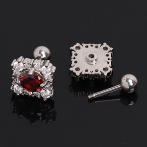 Square stainless steel stud earrings featuring a red ruby center and white zircon stones
