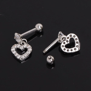Polished stainless steel heart-shaped cartilage stud earring with cubic zirconia accents