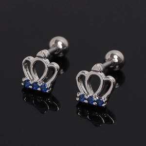 Silver crown stud earrings with blue crystals and screw back in stainless steel
